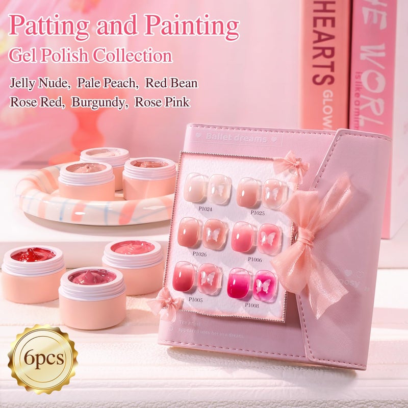 Double Rhythm Painting Gel Polish Set for Nail Art Palette Patting Gel Polish 6 Colors with 100 Pcs Sponges and Grabbing Pen (Neutral Nude Rose-T6-66) - Image 3